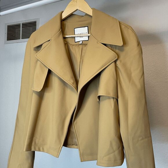 SOLD - Bagatelle Tan Camel Open Front Cropped Trench Jacket Blazer Size Large - Picture 10 of 13
